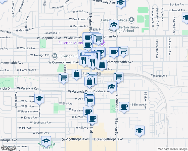 map of restaurants, bars, coffee shops, grocery stores, and more near 120 East Santa Fe Avenue in Fullerton