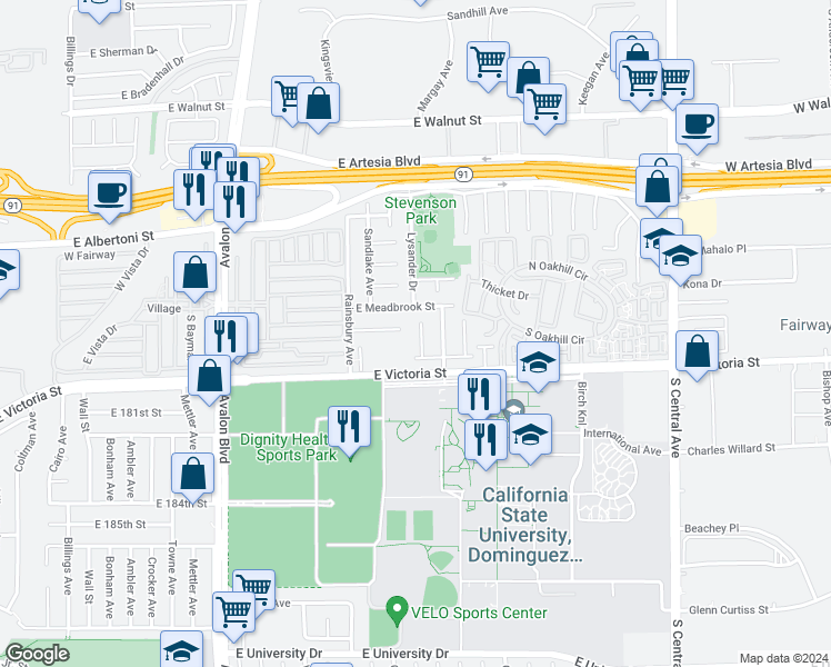 map of restaurants, bars, coffee shops, grocery stores, and more near 17819 Lysander Drive in Carson