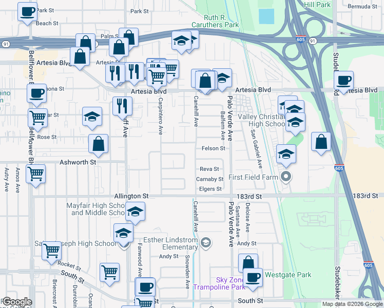 map of restaurants, bars, coffee shops, grocery stores, and more near 17913 Canehill Ave in Bellflower