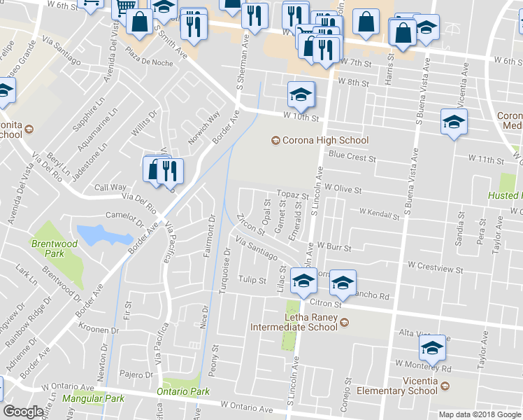 map of restaurants, bars, coffee shops, grocery stores, and more near 1362 Opal Street in Corona