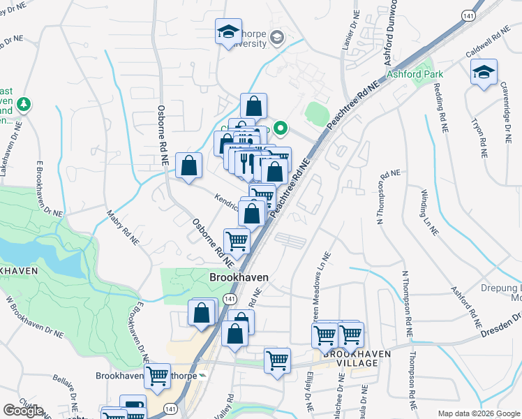 map of restaurants, bars, coffee shops, grocery stores, and more near 1304 Kendrick Road Northeast in Atlanta