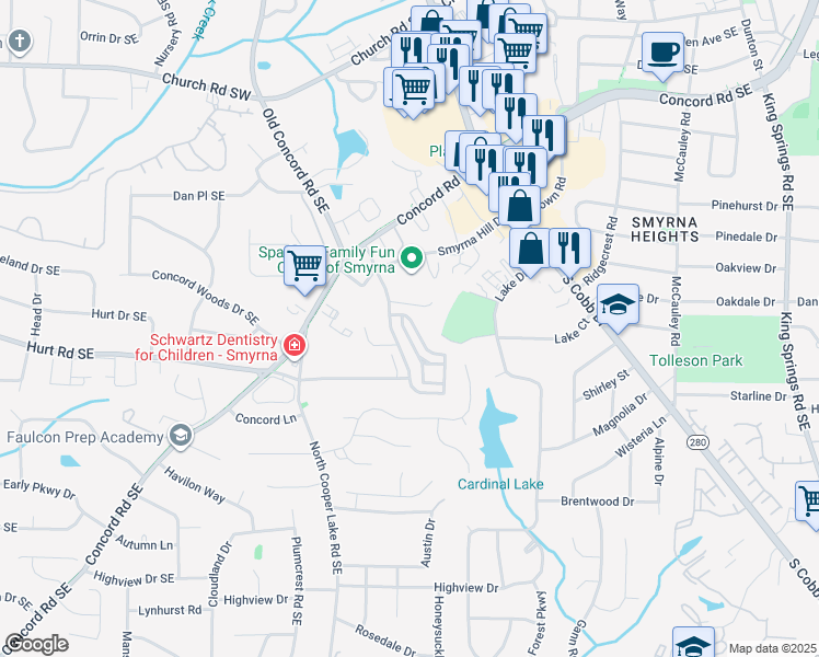 map of restaurants, bars, coffee shops, grocery stores, and more near 3529 Parkside Trail in Smyrna