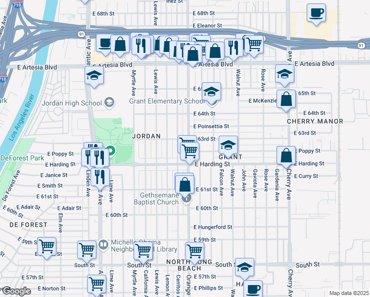 map of restaurants, bars, coffee shops, grocery stores, and more near 6261 Orange Avenue in Long Beach