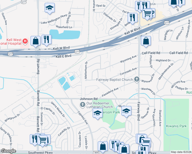 map of restaurants, bars, coffee shops, grocery stores, and more near 4410 Concord Rd in Wichita Falls