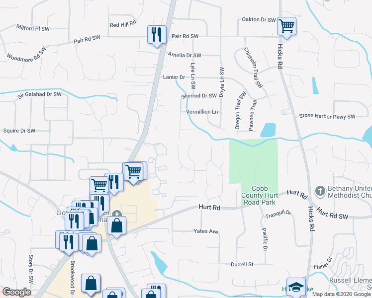 map of restaurants, bars, coffee shops, grocery stores, and more near 3708 Majestic Drive Southwest in Marietta