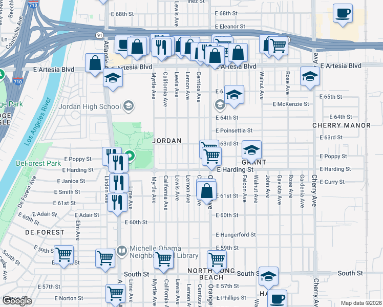 map of restaurants, bars, coffee shops, grocery stores, and more near 6260 Lemon Avenue in Long Beach