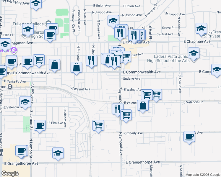 map of restaurants, bars, coffee shops, grocery stores, and more near 1105 East Walnut Avenue in Fullerton