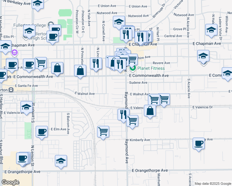 map of restaurants, bars, coffee shops, grocery stores, and more near 1105 East Walnut Avenue in Fullerton
