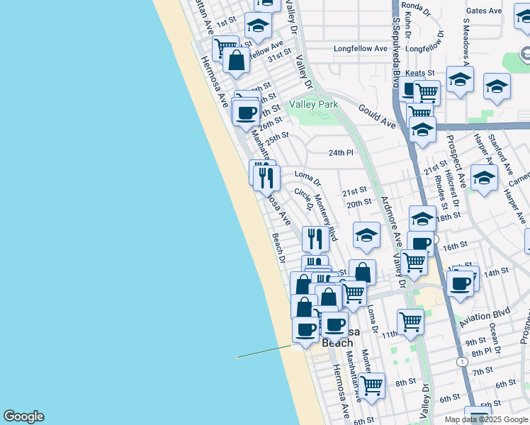 map of restaurants, bars, coffee shops, grocery stores, and more near 2100 The Strand in Hermosa Beach