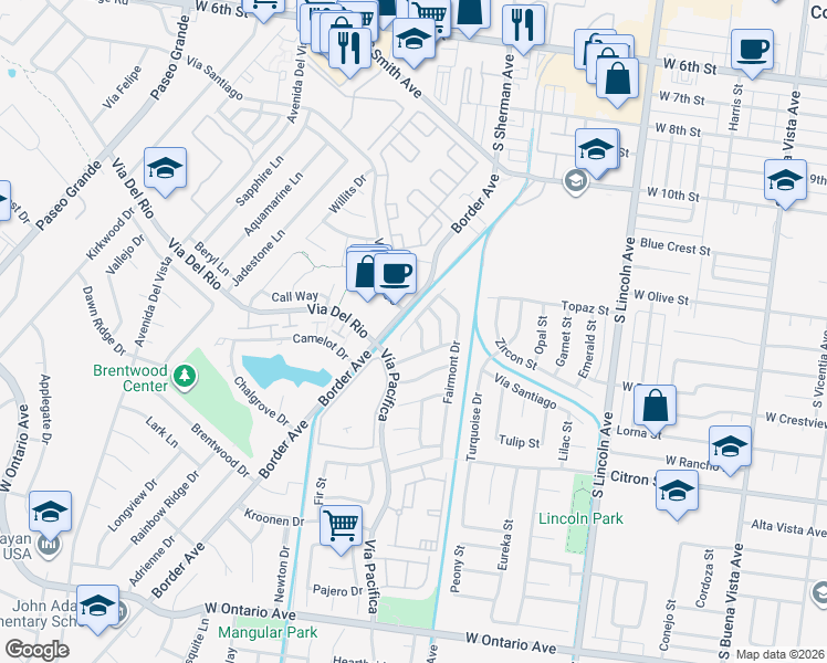 map of restaurants, bars, coffee shops, grocery stores, and more near 1517 Coyote Circle in Corona