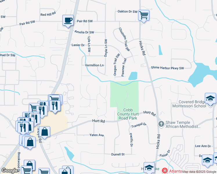map of restaurants, bars, coffee shops, grocery stores, and more near 3533 Quiet Creek Court Southwest in Marietta
