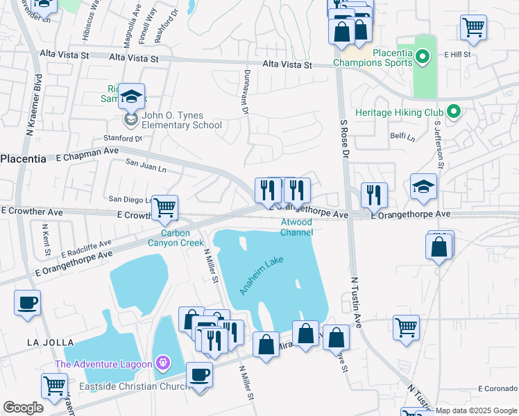 map of restaurants, bars, coffee shops, grocery stores, and more near E Orangethorpe Ave & E Chapman Ave in Placentia