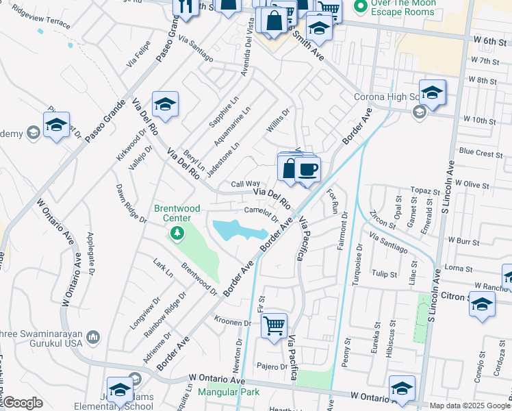 map of restaurants, bars, coffee shops, grocery stores, and more near 1417 Camelot Drive in Corona