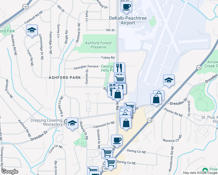 map of restaurants, bars, coffee shops, grocery stores, and more near 2777 Georgian Drive East in Chamblee