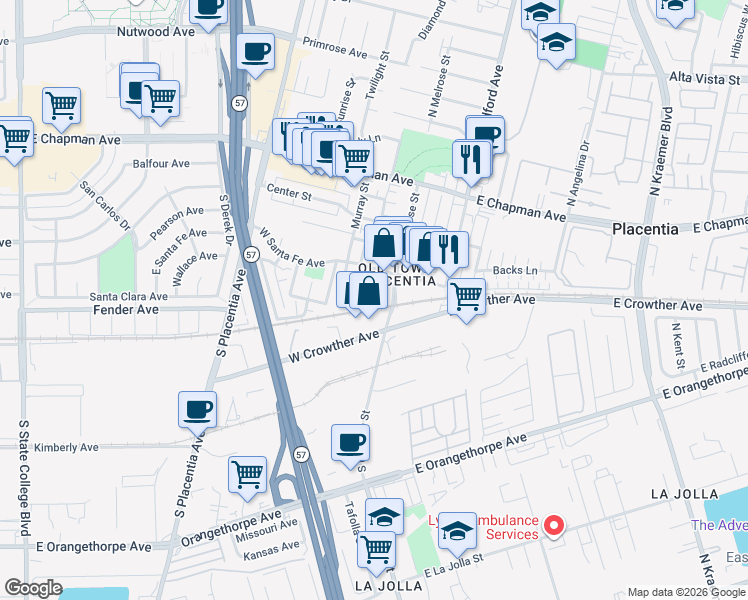 map of restaurants, bars, coffee shops, grocery stores, and more near 314 Baker Street in Placentia