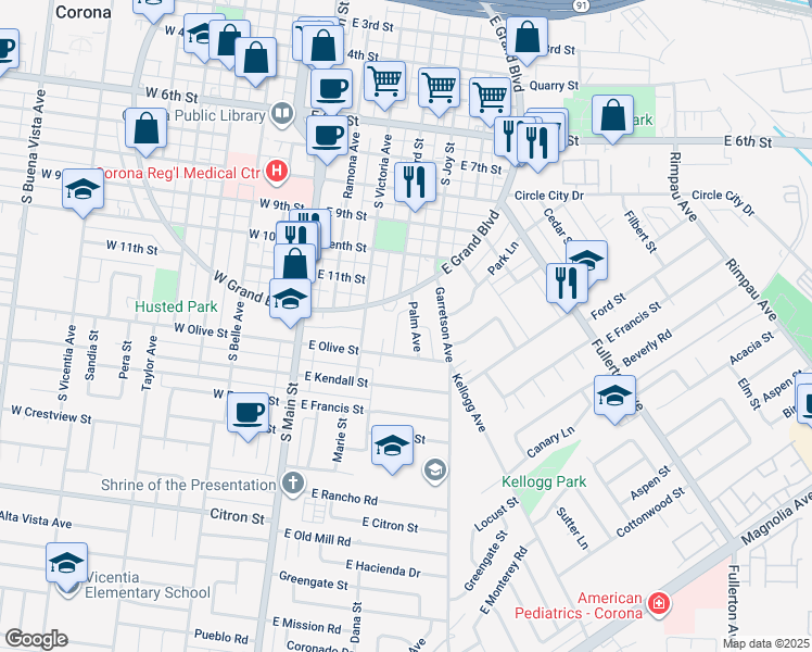 map of restaurants, bars, coffee shops, grocery stores, and more near 1223 Peppertree Lane in Corona