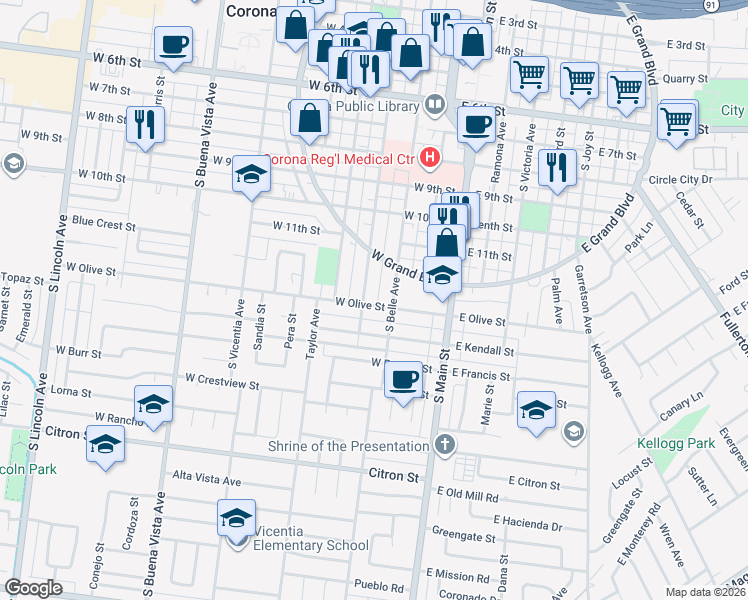 map of restaurants, bars, coffee shops, grocery stores, and more near 1222 South Sheridan Street in Corona