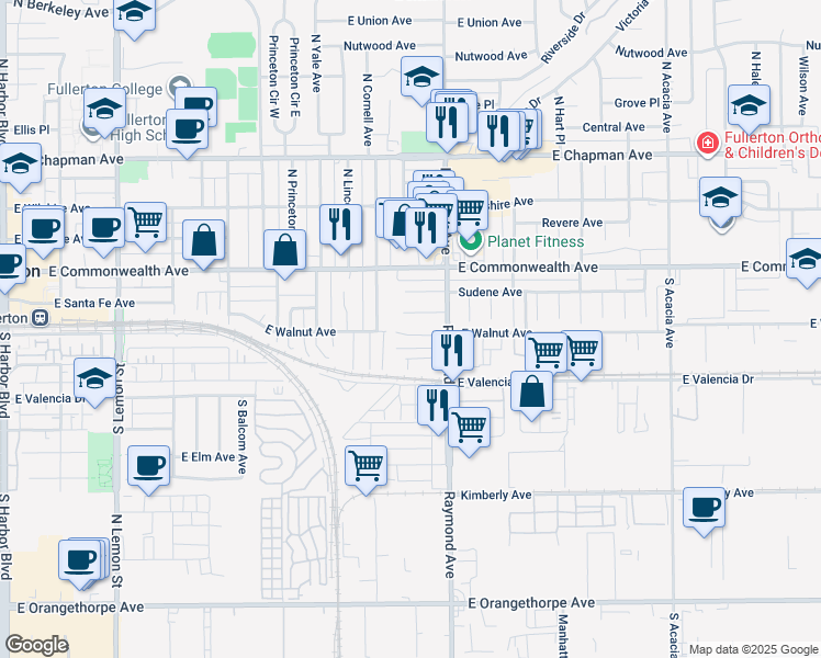 map of restaurants, bars, coffee shops, grocery stores, and more near 1001 East Walnut Avenue in Fullerton