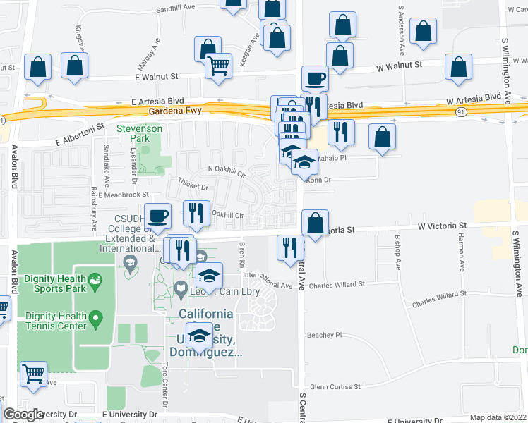 map of restaurants, bars, coffee shops, grocery stores, and more near 17815 Palm Court in Carson