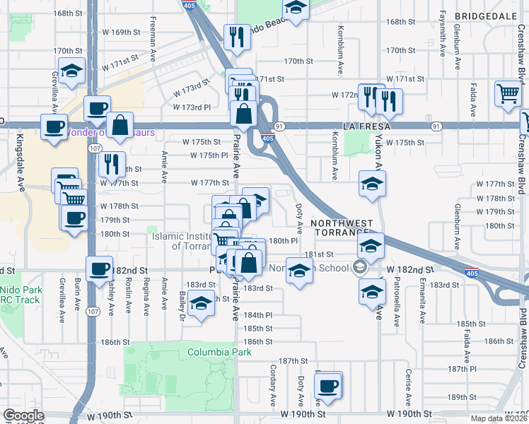map of restaurants, bars, coffee shops, grocery stores, and more near 3922 West 178th Street in Torrance