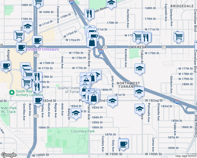 map of restaurants, bars, coffee shops, grocery stores, and more near 3922 West 178th Street in Torrance