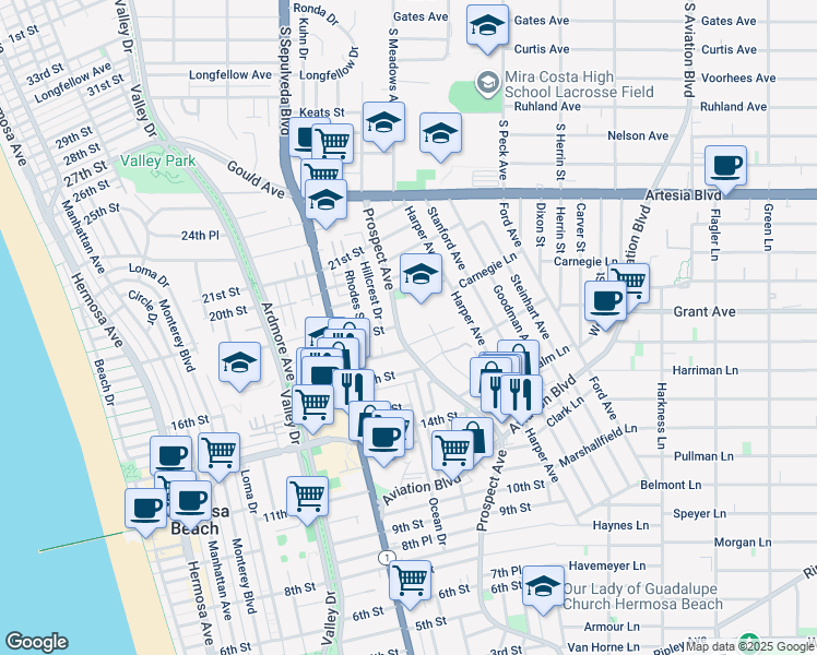 map of restaurants, bars, coffee shops, grocery stores, and more near 1723 Golden Avenue in Hermosa Beach