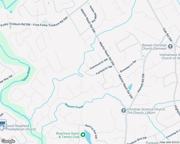 map of restaurants, bars, coffee shops, grocery stores, and more near 3414 Dearwood Drive Southwest in Lilburn