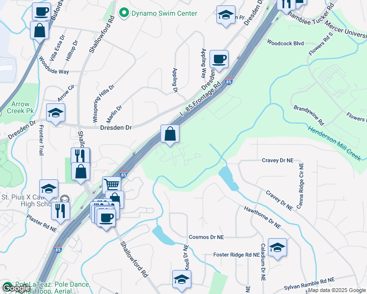 map of restaurants, bars, coffee shops, grocery stores, and more near 3107 Colonial Way in Chamblee