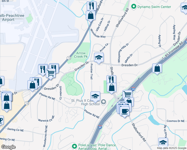 map of restaurants, bars, coffee shops, grocery stores, and more near 2773 Frontier Trail in Atlanta
