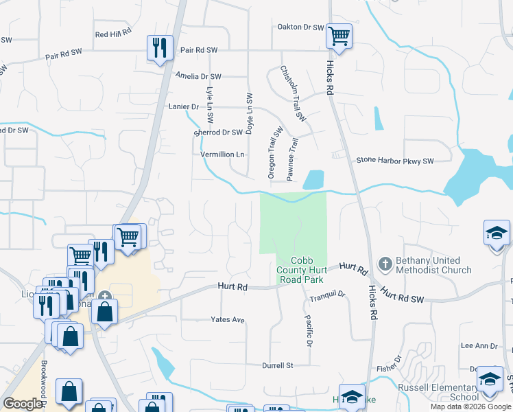 map of restaurants, bars, coffee shops, grocery stores, and more near 3534 Quiet Creek Court Southwest in Marietta
