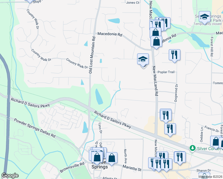 map of restaurants, bars, coffee shops, grocery stores, and more near 1025 Pinetree Court in Powder Springs