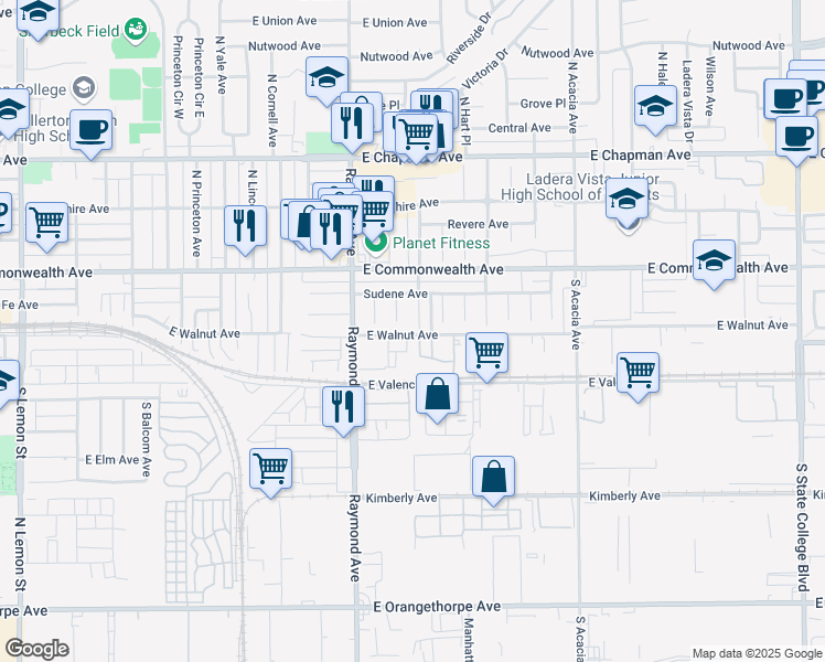 map of restaurants, bars, coffee shops, grocery stores, and more near 229 South Montague Avenue in Fullerton