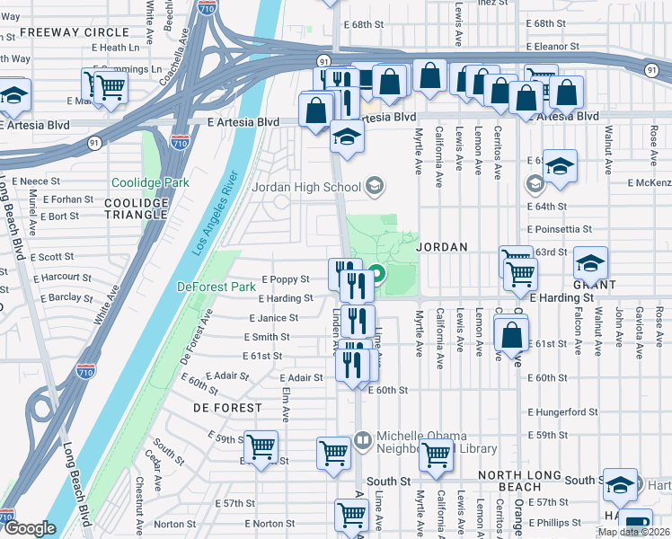 map of restaurants, bars, coffee shops, grocery stores, and more near 6255 Atlantic Avenue in Long Beach
