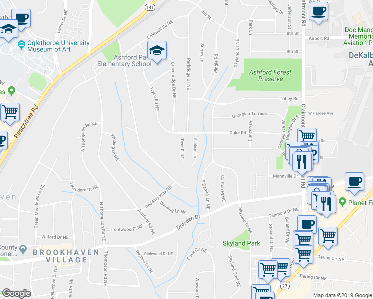 map of restaurants, bars, coffee shops, grocery stores, and more near 2779 Tryon Pl NE in Atlanta
