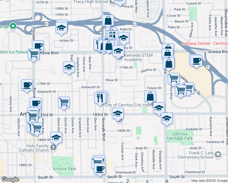 map of restaurants, bars, coffee shops, grocery stores, and more near 17823 Belshire Avenue in Artesia