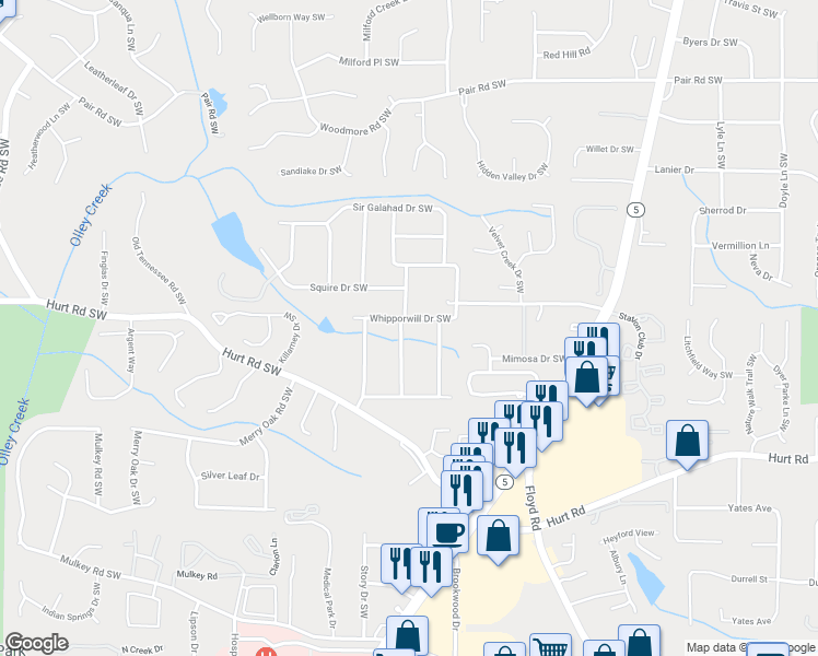 map of restaurants, bars, coffee shops, grocery stores, and more near 1565 Whipporwill Drive Southwest in Marietta