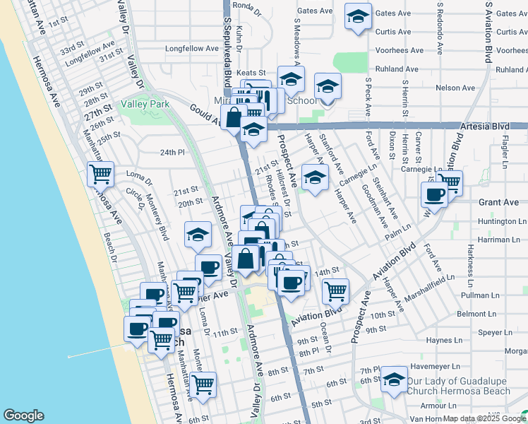 map of restaurants, bars, coffee shops, grocery stores, and more near 1828 Pacific Coast Highway in Hermosa Beach