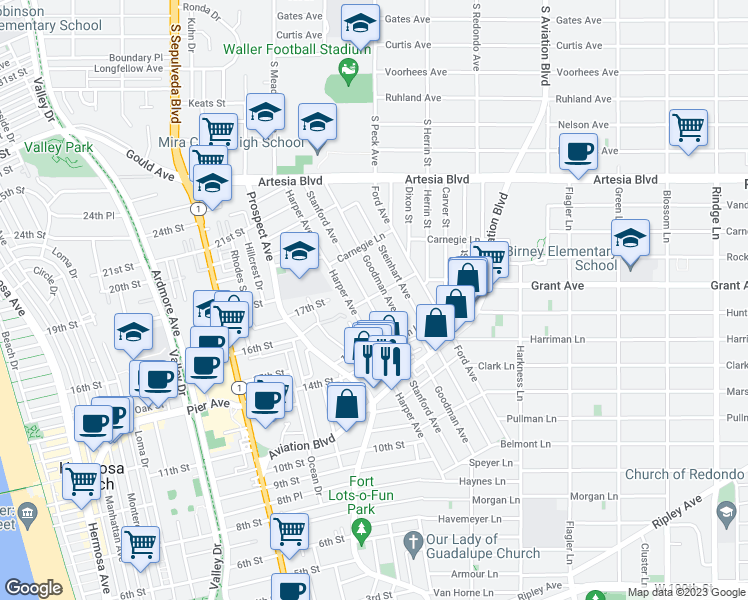 map of restaurants, bars, coffee shops, grocery stores, and more near 1546 Stanford Avenue in Redondo Beach
