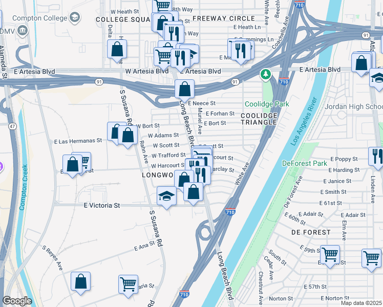 map of restaurants, bars, coffee shops, grocery stores, and more near 2 West Trafford Street in Long Beach