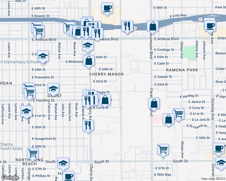 map of restaurants, bars, coffee shops, grocery stores, and more near 2305 East Poppy Street in Long Beach