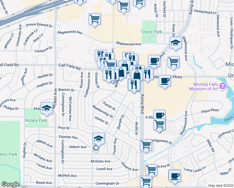 map of restaurants, bars, coffee shops, grocery stores, and more near 2949 Gossett Drive in Wichita Falls