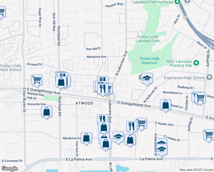map of restaurants, bars, coffee shops, grocery stores, and more near 249 South Lakeview Avenue in Placentia