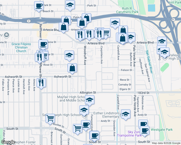 map of restaurants, bars, coffee shops, grocery stores, and more near 6236 Woodruff Avenue in Lakewood