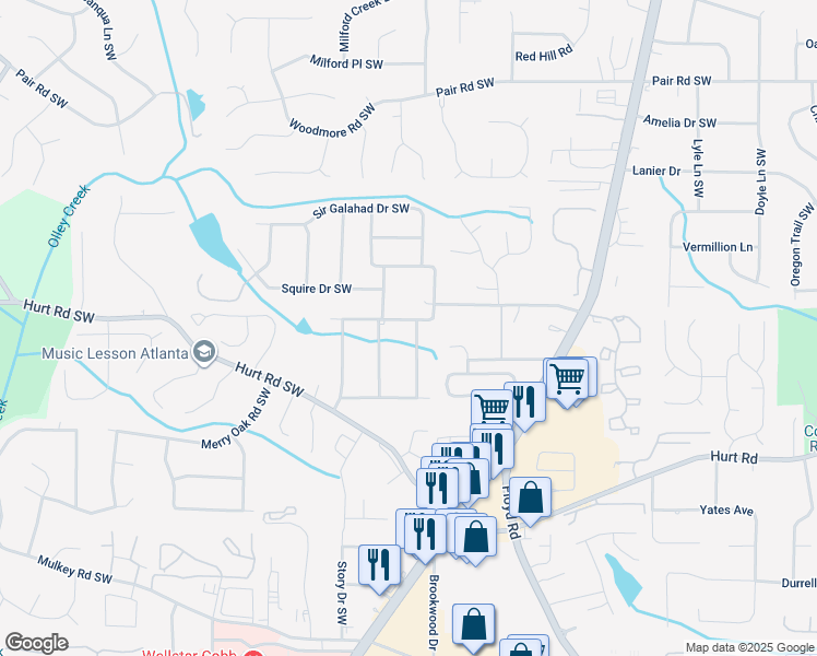 map of restaurants, bars, coffee shops, grocery stores, and more near 1537 Whipporwill Drive Southwest in Marietta