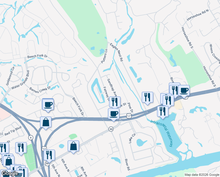 map of restaurants, bars, coffee shops, grocery stores, and more near 4110 Sandtrap Avenue in Little River