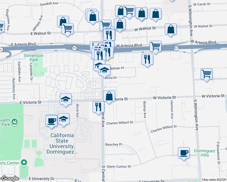 map of restaurants, bars, coffee shops, grocery stores, and more near 1323-1405 E Victoria St in Carson