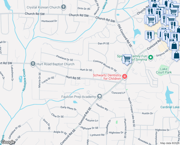map of restaurants, bars, coffee shops, grocery stores, and more near 322 Hurt Drive Southeast in Smyrna