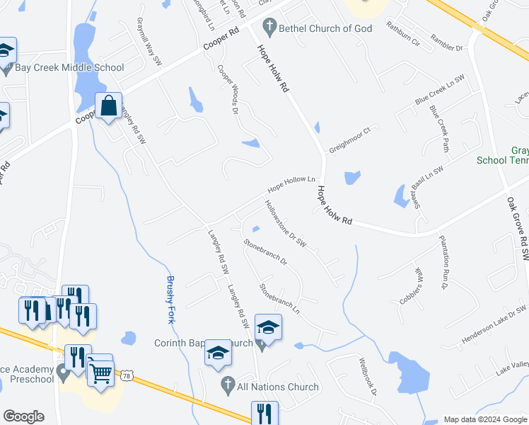 map of restaurants, bars, coffee shops, grocery stores, and more near 560 Stonebranch Drive in Loganville