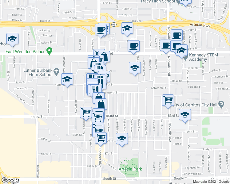 map of restaurants, bars, coffee shops, grocery stores, and more near 11861 Ashworth Street in Artesia
