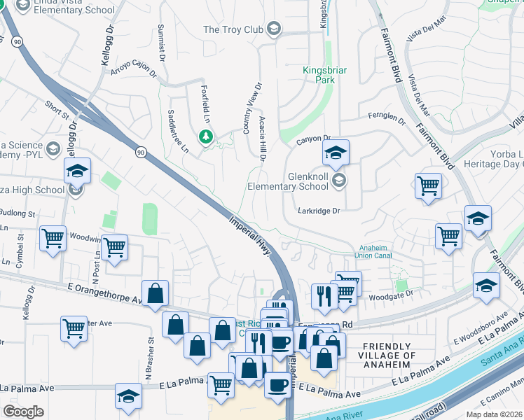 map of restaurants, bars, coffee shops, grocery stores, and more near 6442 Acacia Lane in Yorba Linda